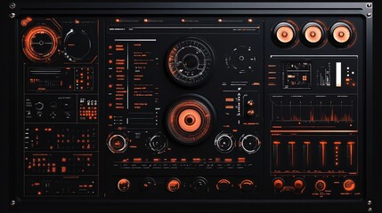 Futuristic control panel with glowing orange elements and technical interfaces