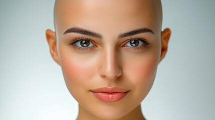 Woman with a shaved head and a smile is the main focus of the image. She has a bright and cheerful expression, which makes her look happy and approachable