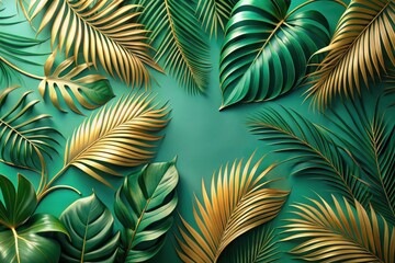 Luxurious Golden and Emerald Green Tropical Foliage Arrangement on a Vibrant Background