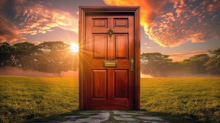wooden door stands open in serene landscape, framed by vibrant sunset and lush greenery, inviting exploration and wonder
