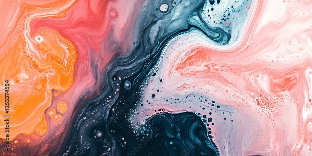 Poster an abstract scene where acrylic pouring techniques produce a mesmerizing fluid art effect, incorporating bold and flowing colors with a mix of soft and intense gradients