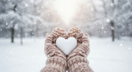 Holding Snow Heart in Winter Mittens During a Snowfall Scene