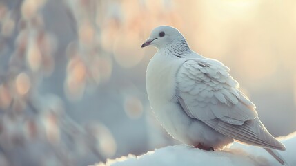 Fototapeta premium A beautiful white dove sits on a snowy branch in the winter sun. The soft light and muted colors create a peaceful and serene scene.