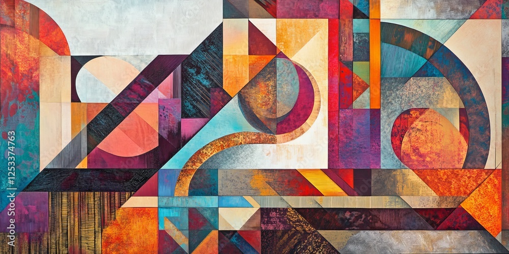 Poster an abstract composition showcasing geometric patterns that merge and transform, using a blend of striking colors and intricate details to create a visually engaging and h
