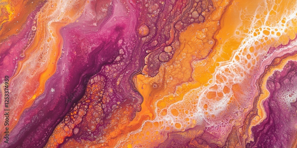 Fototapete an abstract artwork featuring acrylic pouring fluid art, with intricate and layered patterns that reveal the beautiful interplay of pigments as they cascade and merge in