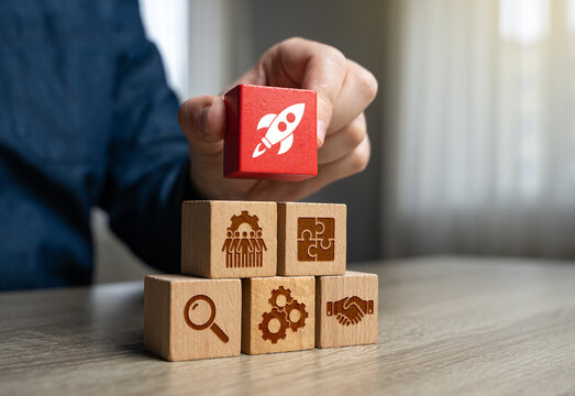 A businessman builds a strategy for a successful business and launching a startup. Investment funding, growth strategies, business development, and competitive advantage.