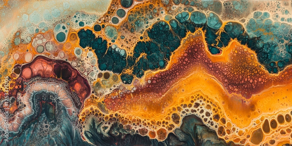 Fototapete an abstract artwork featuring acrylic pouring fluid art, with intricate and layered patterns that re