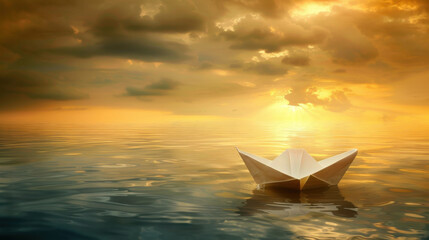 serene paper boat floats on calm water during stunning sunset, reflecting warm hues in sky. tranquil scene evokes feelings of peace and contemplation