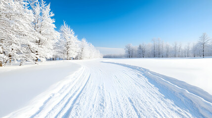 Obraz premium Snowy path winding through winter forest, sunny day