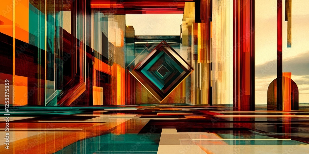 Fototapete an abstract visual with layered geometric patterns that create a sense of rhythm and flow, employing a rich color scheme and varied shapes to produce a visually complex a