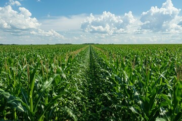 Fototapeta premium Cornfield under a summer sky. Vast field of corn. Perfect agricultural landscape. Ideal for farm, agriculture, or rural scenes