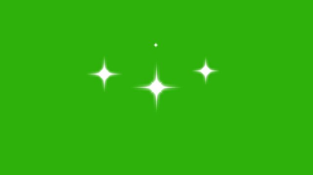 Twinkling stars animation, white cartoon, flat, vector, doodles style stars blinking, glitter on green background, night sky. Star twinkling for festive holiday event. 4k