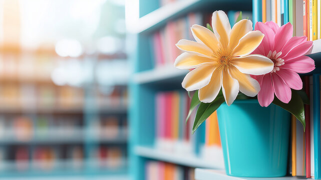 Bright flowers in turquoise pot add vibrant touch to modern library filled with colorful books. serene atmosphere invites relaxation and inspiration