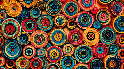 Colorful paper circles arranged in vibrant pattern, showcasing various sizes and hues, creating lively and artistic background