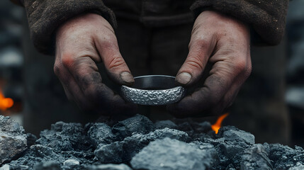 Blacksmith crafting silver ring, fire background