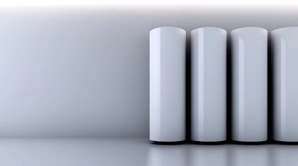 Sleek white cylinders stand subtly against a minimalist grey wall bathed in soft light. AI Generated
