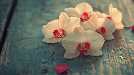 Serene Beauty: Delicate White Orchids on Rustic Wooden Surface