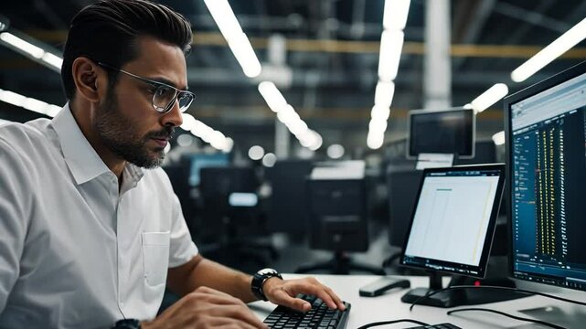Man with a computer in the factory.