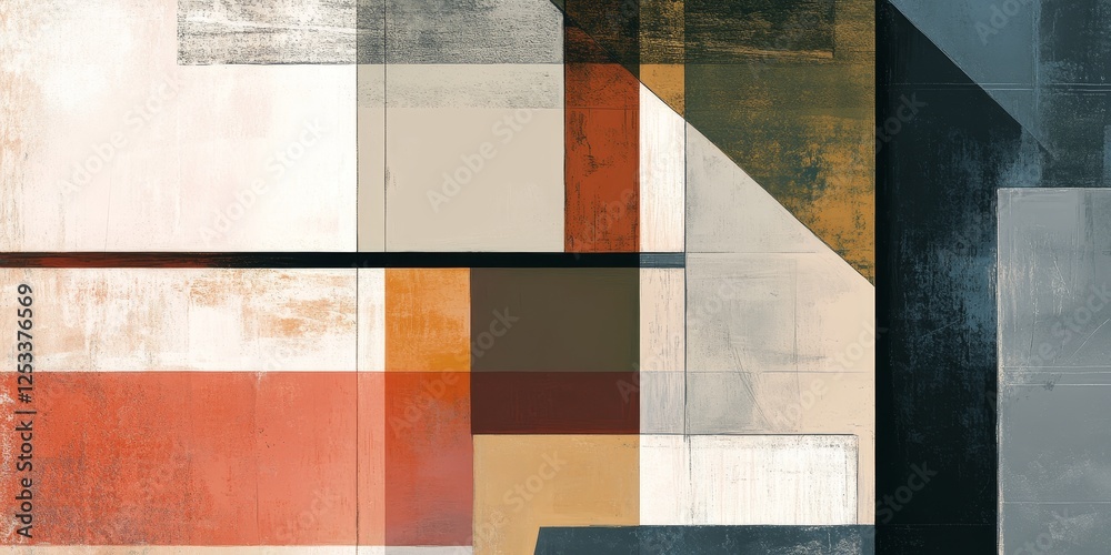 Poster abstract artwork featuring simple geometric shapes arranged in a thoughtful and refined manner, using a limited color palette to enhance the visual impact and evoke a sen