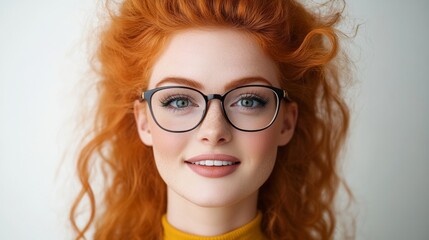 Obraz premium Woman with red hair and glasses is smiling. She has a bright and cheerful expression on her face