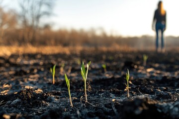 A close-up view of a vibrant green seedling pushing through dark, charred soil.
