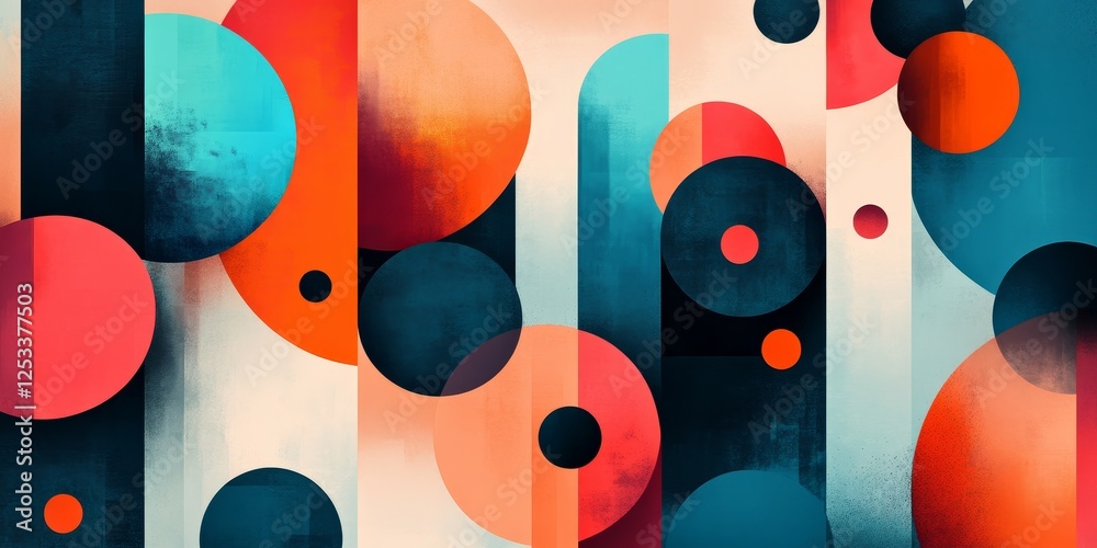 Poster abstract design using simple geometric shapes, focusing on the clean and uncluttered arrangement of forms to create a visually striking composition that embodies the prin