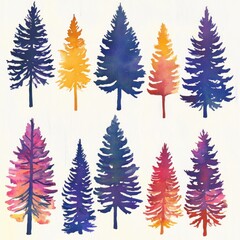 Obraz premium Colorful watercolor pine trees, forest design, nature illustration, background for cards