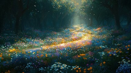 Sunlit path through blooming wildflowers in a dark forest; fantasy landscape for fairytale illustration