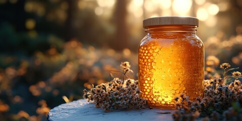 Golden Honey in a Jar, Nature's Sweetness at Sunset