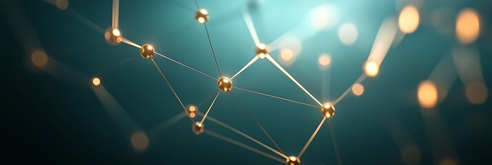 Abstract Data Network, Turquoise Graph with Golden Nodes, Electronic Network with Perspective View