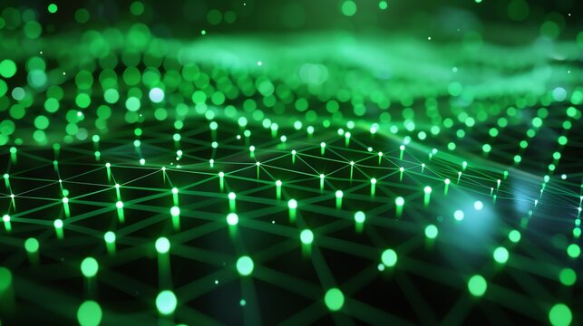 Abstract glowing green plexus background. Futuristic neural network concept. 3D rendering.