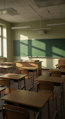 Classroom Calm: Empty Desks & Chalkboard Sunlight - A School's Stillness Before Learning Begins