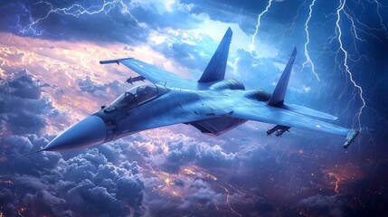 Jet in Flight Breaking Through Storm Clouds Under Electric Skies