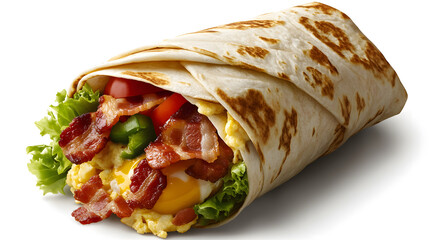 A neatly wrapped burrito with visible fillings of scrambled egg, bacon, lettuce, tomato, and a green vegetable is placed on a white background.