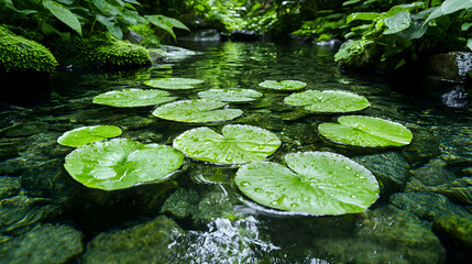 Tranquil garden pond, lush green lily pads, clear water, rocks, serene background; nature scene for wellness