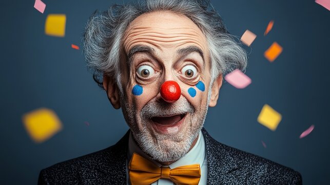 Man with a red nose and blue paint on his face is smiling. He is dressed in a suit and tie