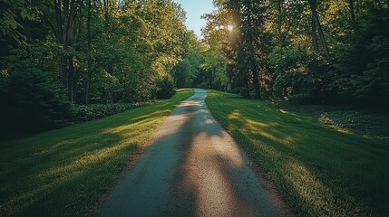 Obraz premium Sunlit path through lush green park, tranquil scene