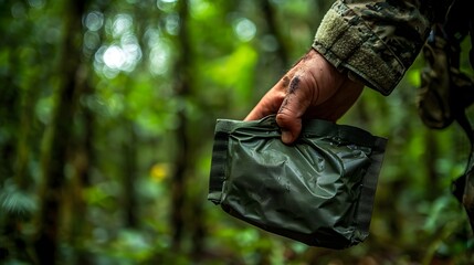 Prepared Nutritious Supply for Camping and Hiking, Close-up of Weathered Soldier's Hand Gripping Olive-Drab MRE Pouch in Dense Forest Environment