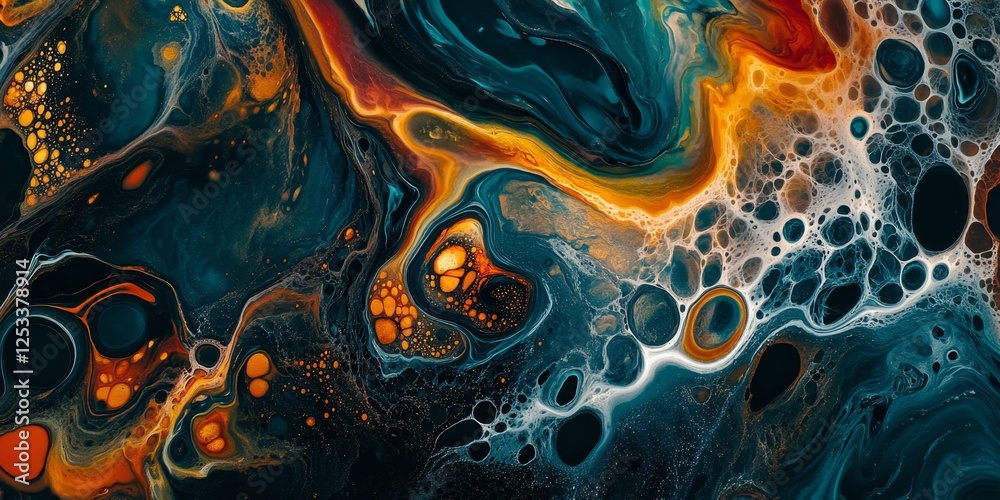 Poster abstract visual with marbling fluid art, highlighting the elegant and spontaneous patterns that emerge as colors mix and flow, creating a dynamic and visually engaging de
