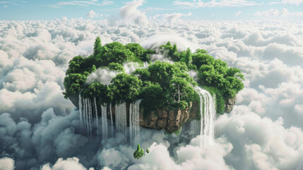 floating island with lush greenery and waterfalls surrounded by clouds creates serene and magical atmosphere