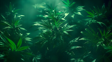 Cannabis plants indoor grow, green leaves, dark background