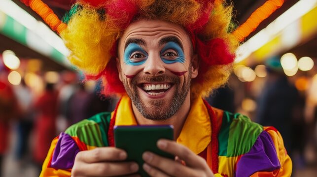 Man in a clown costume is holding a cell phone and smiling. Concept of fun and lightheartedness, as the man is enjoying himself while using his phone - Powered by Adobe