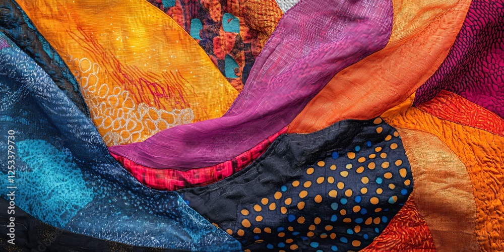Poster abstract artwork showcasing fabric textures with a focus on the intricate details of different materials, blending rich colors and patterns to produce a visually engaging