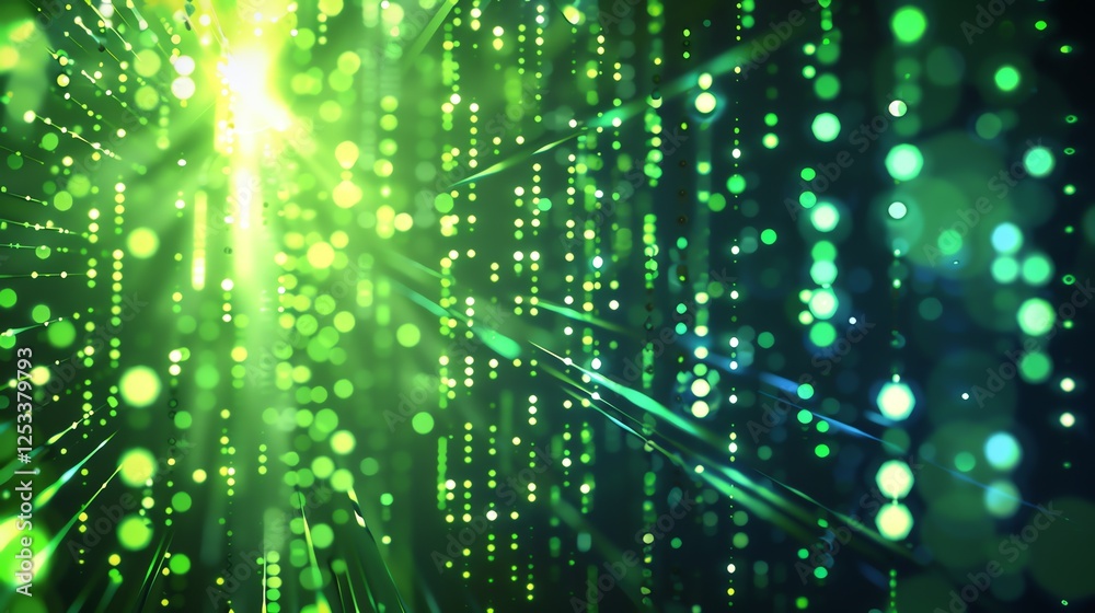 Wall mural green and yellow glowing particles float through a dark background in this abstract motion backgroun