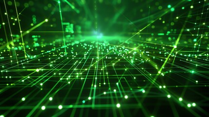 Obraz premium Abstract futuristic technology background with green glowing lines and dots.