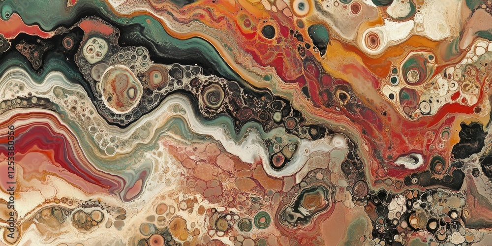 Poster visually captivating abstract design using marbling techniques to create fluid art with swirling, interlocking patterns and a rich color palette, producing an intricate a