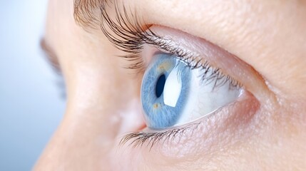 Obraz premium Extreme close-up of a blue human eye with intricate iris details, long eyelashes, and natural skin texture in high resolution