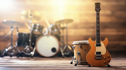 Naklejka premium A close up of electric guitar and drum set in warm, inviting stage setting. guitar stands prominently, showcasing its design, while drums create rhythmic backdrop