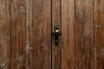 Aged wooden door with metal latch. Close-up view of rustic texture. Potential use for background