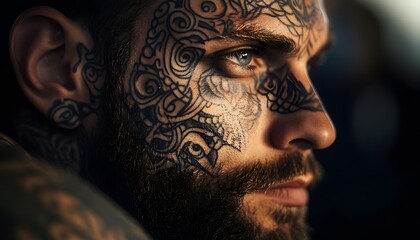 Detailed Close-Up of a Man with Intricate Facial Tattoo Artistry